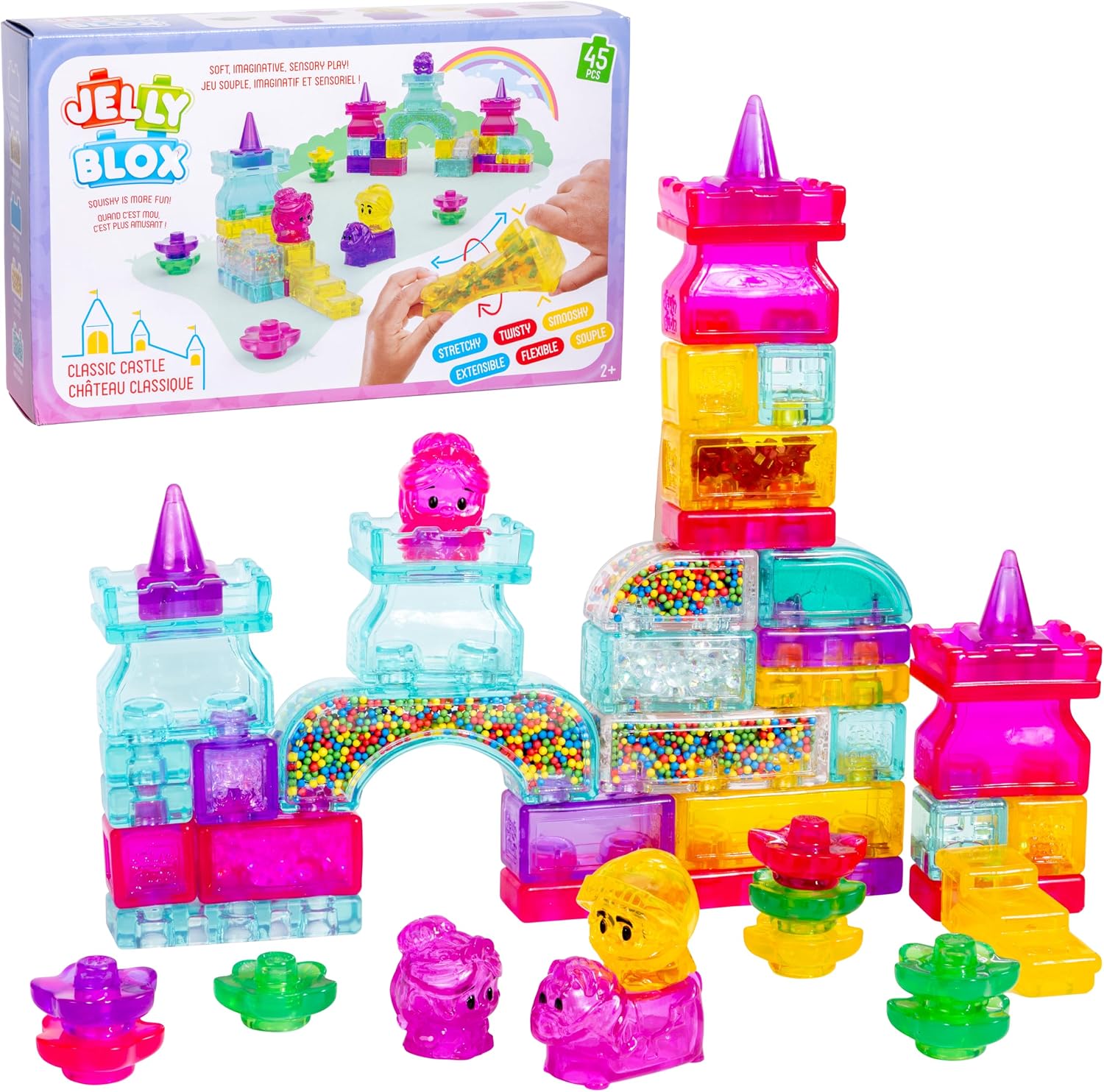 Jelly Blox Classic Castle Set with teal and pink towers, a foam-bead-filled archway, a knight, a princess figure, a pink horse and small tree pieces