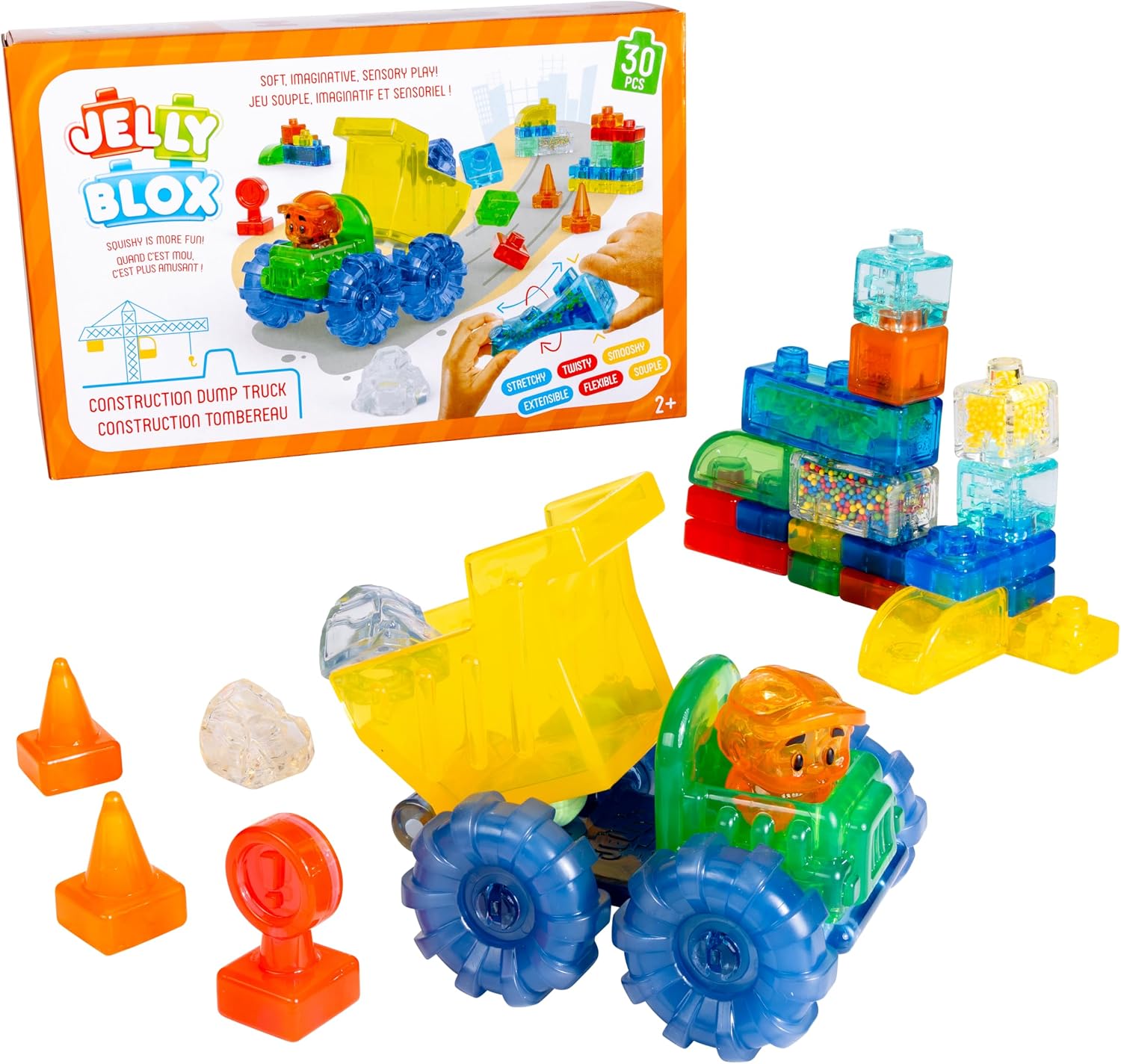 Jelly Blox Construction Dump Truck Set orange box with a yellow tipping dump truck on blue wheels, an orange worker figure, traffic cones, a sign and a clear boulder
