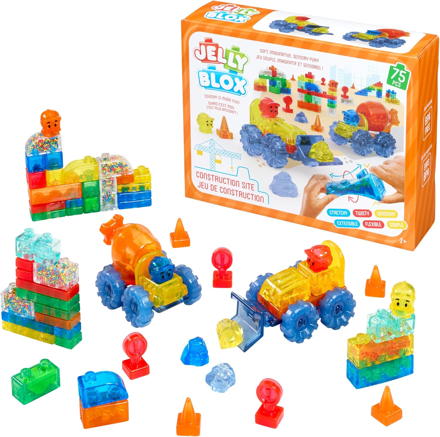 Jelly Blox Construction Site Set with a cement mixer and a dozer on blue wheels, four worker figures, cones, signs and stacks of filled soft blocks in front of the orange box