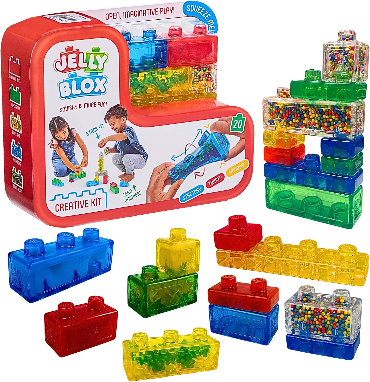 Jelly Blox Creative Kit red box beside a stacked tower of translucent blue, green, red and yellow soft blocks, two of them filled with colored foam beads