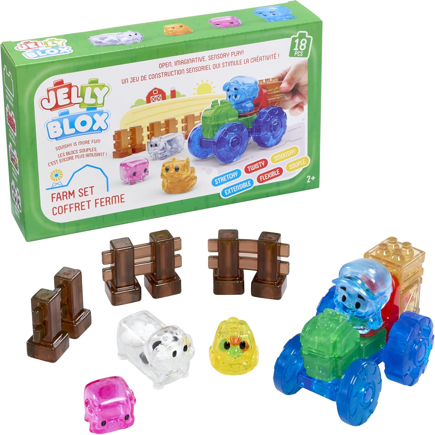 Jelly Blox Farm Set box with a soft tractor and farmer, brown fence pieces, a clear cow with black spots, a yellow chick and a pink pig