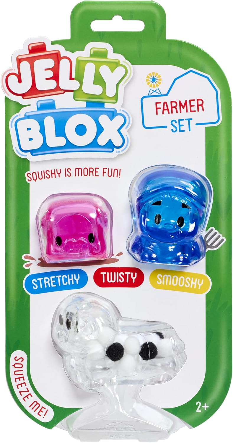 Jelly Blox Farmer Character Set on a green card: a pink pig, a blue farmer with a cap and a clear cow with fuzzy black and white spots inside