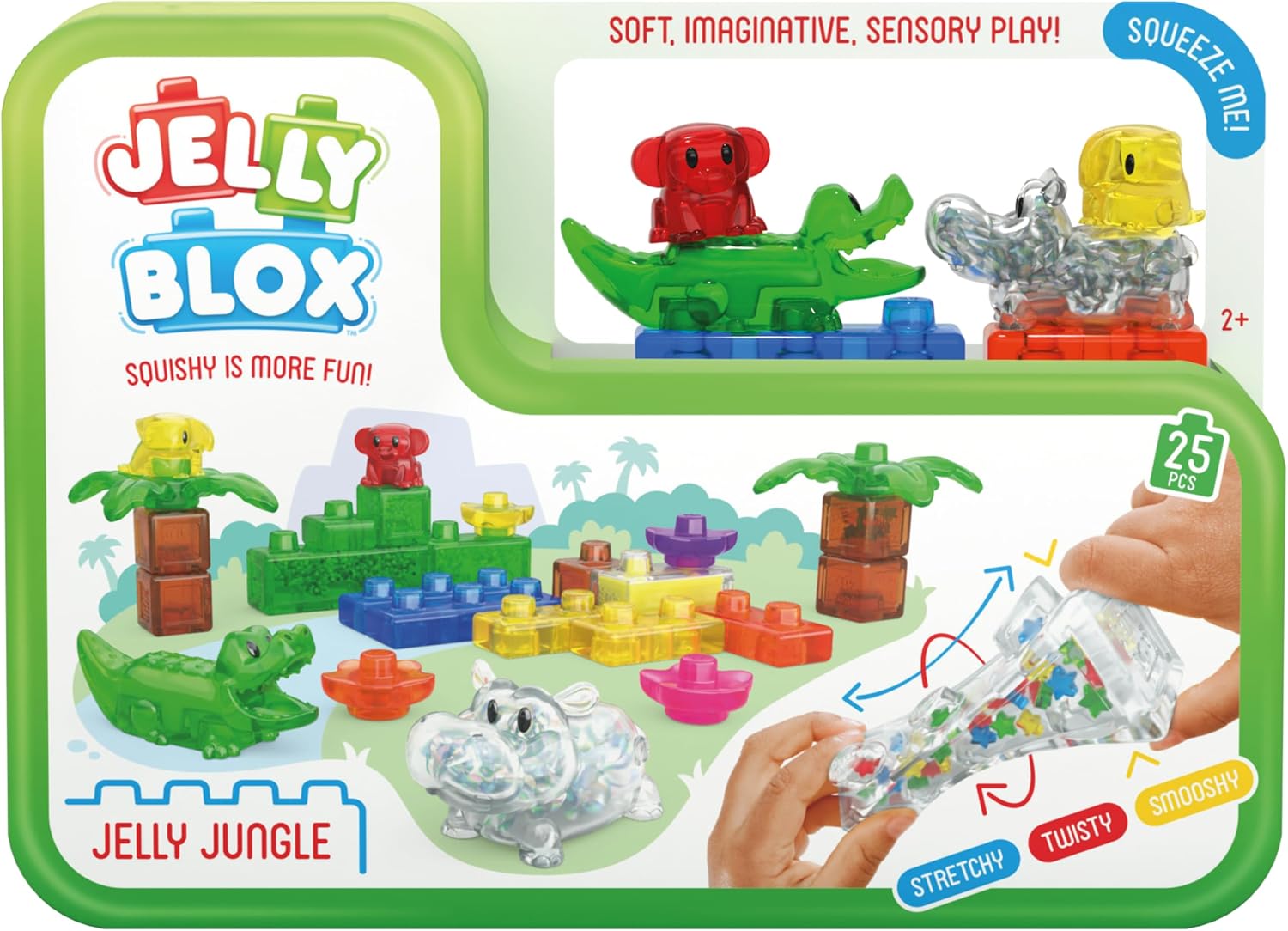 Jelly Blox Jelly Jungle set packaging with a green crocodile, a clear hippo, a red monkey and a yellow bird on soft blocks and palm tree pieces