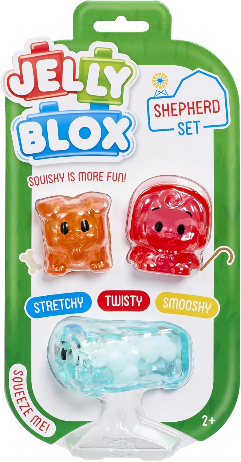 Jelly Blox Shepherd Character Set on a green card: an orange dog, a red shepherd and a light blue sheep filled with white foam balls