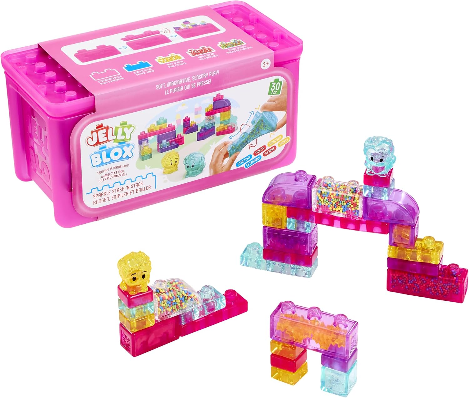 Pink Jelly Blox Sparkle Stash 'N Stack case with pink, purple, teal and yellow soft blocks built into an arch and two small figures