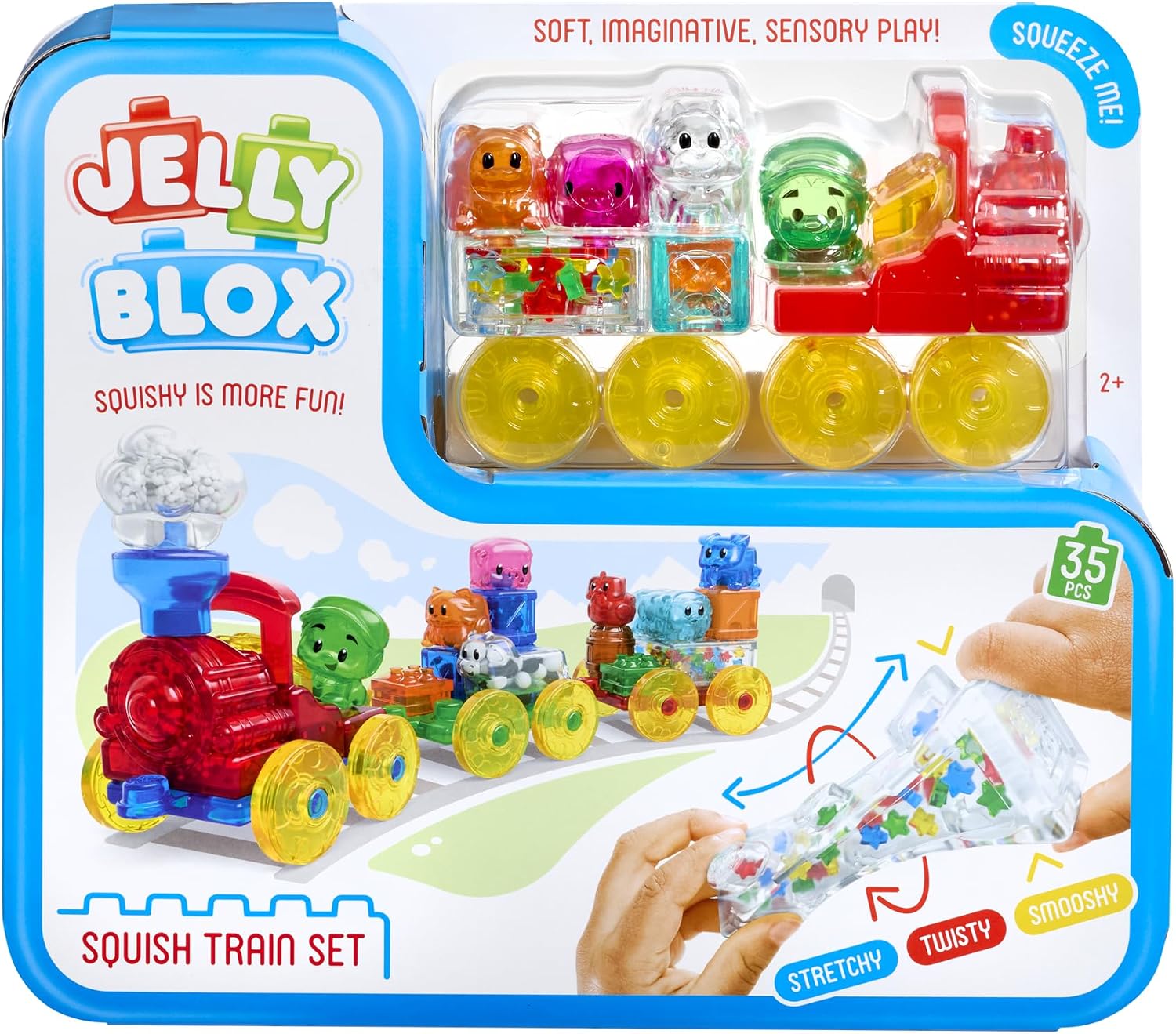Jelly Blox Squish Train Set blue box showing a red soft locomotive pulling cars loaded with animal figures and filled cargo blocks on yellow wheels