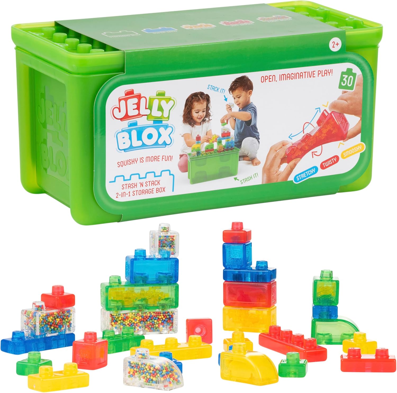Green Jelly Blox Stash 'N Stack storage case with 30 translucent soft blocks built into small towers in front of it
