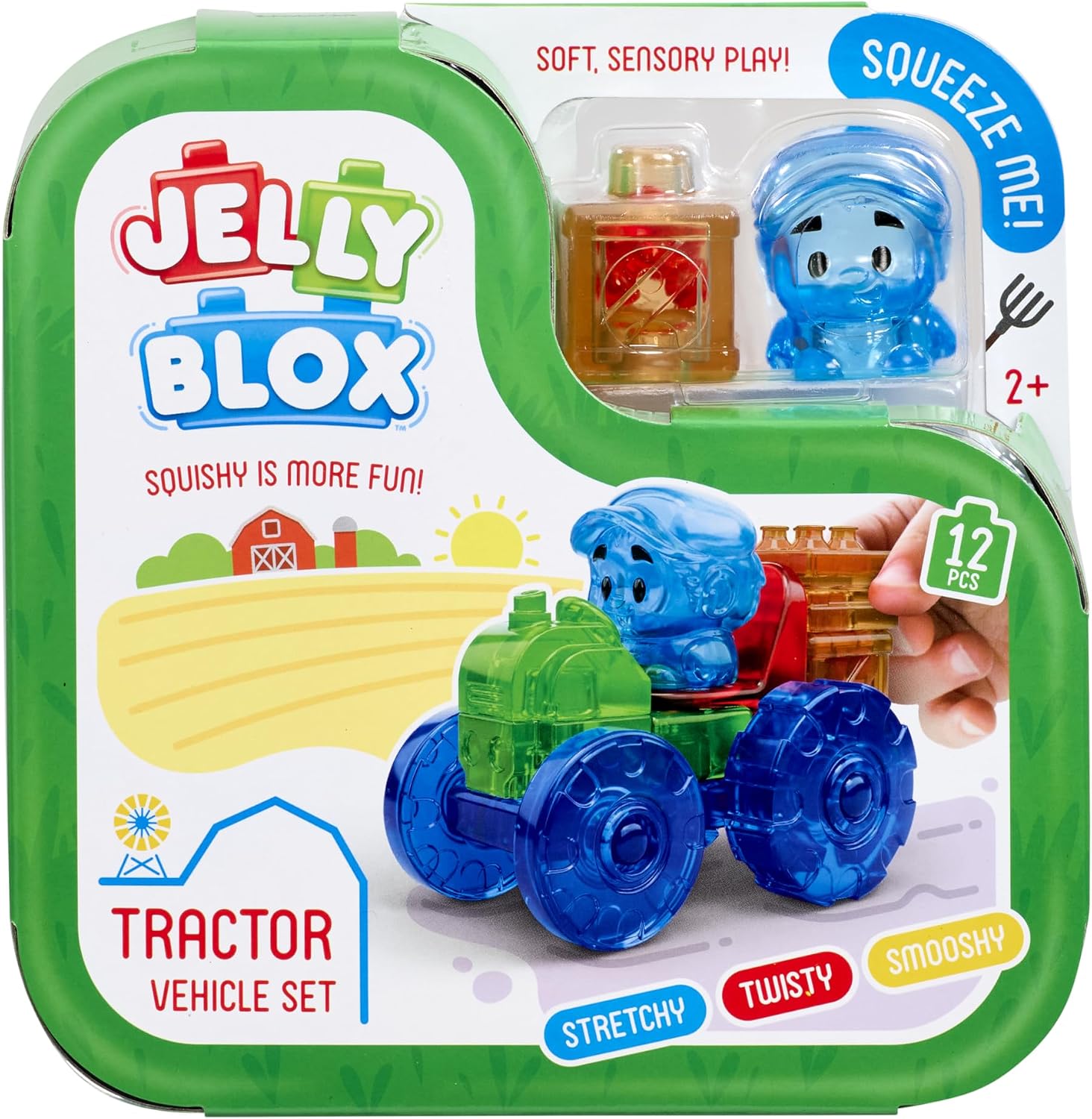 Jelly Blox Tractor Set in green packaging, a green and blue soft tractor with a blue farmer figure in the seat and a small hay bale block