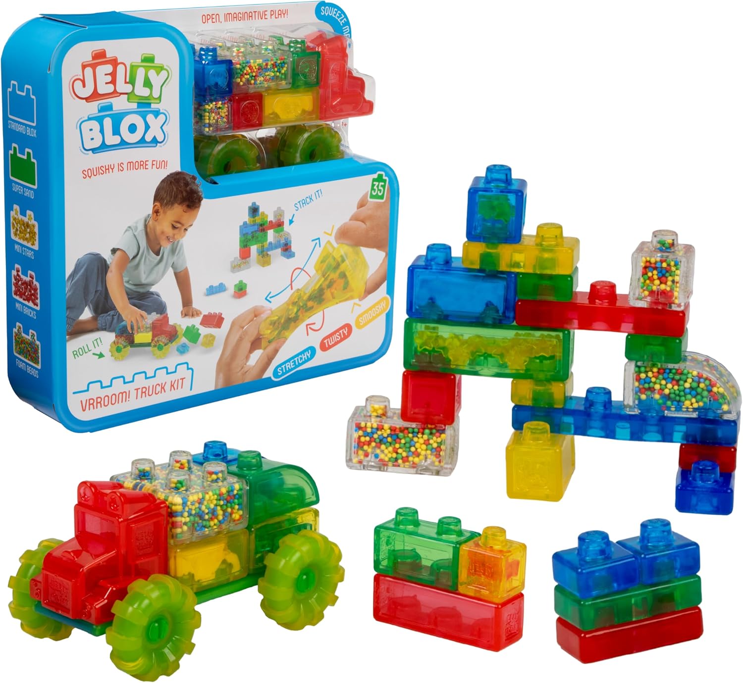 Jelly Blox Vrroom! Truck Kit blue box with a built soft truck on green wheels and extra stacked blocks, one filled with rainbow foam beads